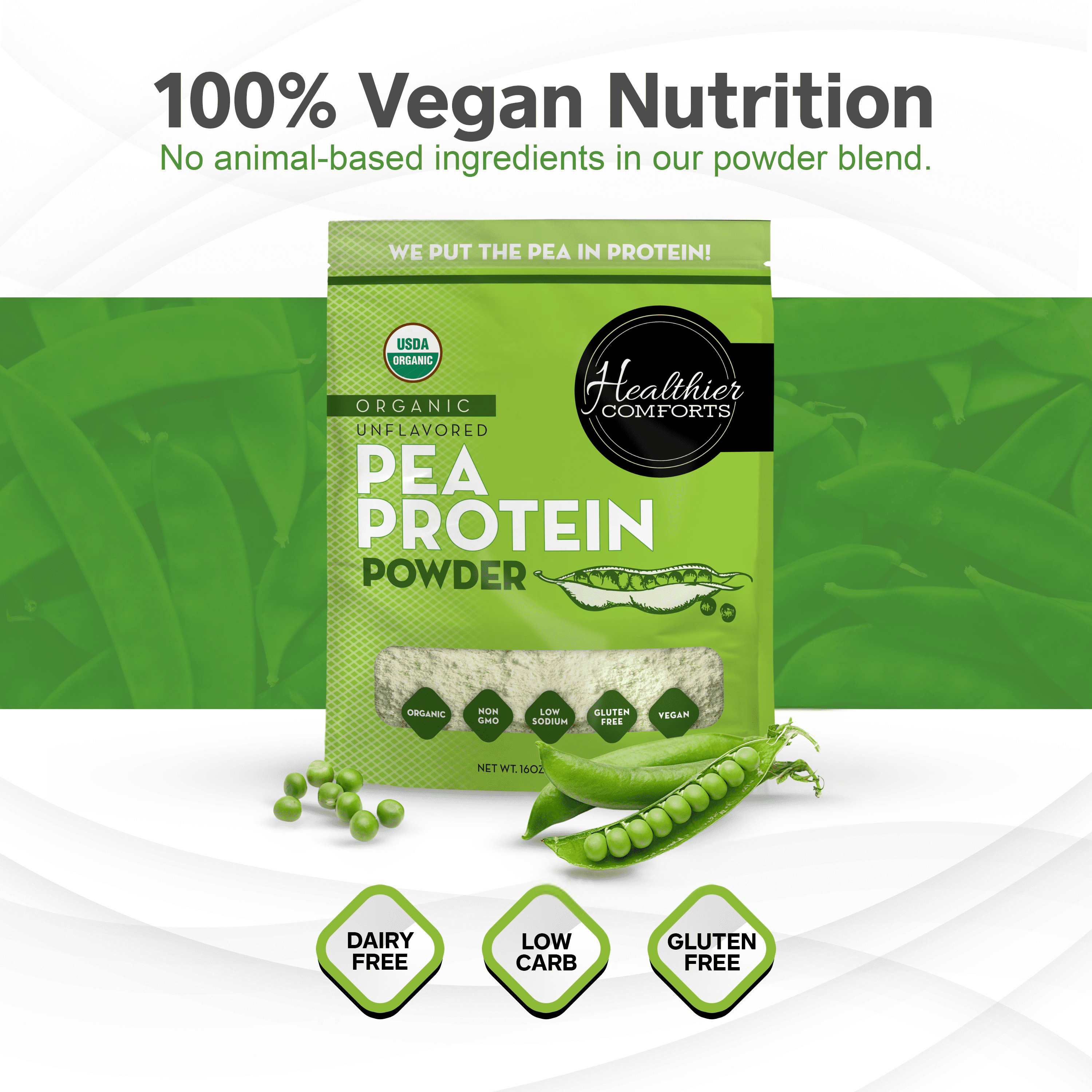 Healthier Comforts Organic Pea Protein Powder 16oz | Low Sodium, 100% Plant Based Protein Powder | Kosher, Gluten Free, Non-GMO, Keto Friendly | Unflavored Protein