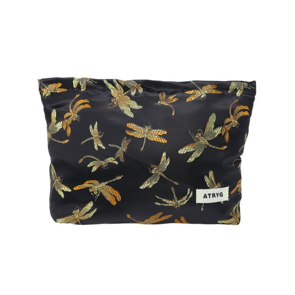 Unique Bargains 1 Pc Dragonfly Pattern Makeup Bag for Vacation Business Travel Black Polyester