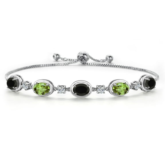 Gem Stone King 925 Sterling Silver Black Onyx and Green Peridot Bracelet for Women | 3.90 Cttw | Gemstone December Birthstone | Oval 7X5MM | Fully Adjustable 9 inch