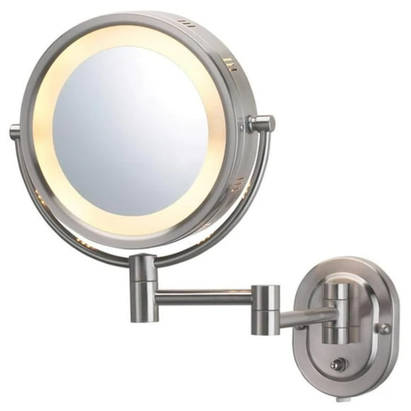 JERDON Two-Sided Wall-Mounted Makeup Mirror with Halo Lighting - Lighted Makeup Mirror with 5X Magnification & Wall-Mount Arm - Plug in Round Mirror with Nickel Finish W