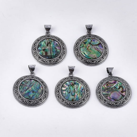 5pcs Abalone Shell/Paua Shell Pendants with Resin Bottom and Alloy Findings Flat Round Silver 42.5x38x4.5mm Hole: 8x6mm