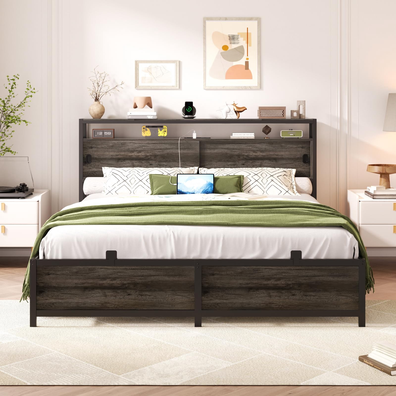 Aheaplus Full Size Bed Frame - Storage Headboard Bed with Sliding Doors, LED Lights & USB Charging Station, Metal Platform Bed Frame, No Box Spring Needed,Gray Oak