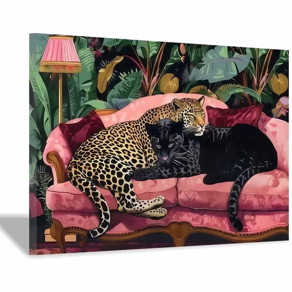 Mudket Framed Leopard on Pink Couch Canvas Wall Art, Jungle Animal Print Wall Decor for Living Room, Trendy Leopard Wall Art, Ready to Hang - 12"L x 8"W