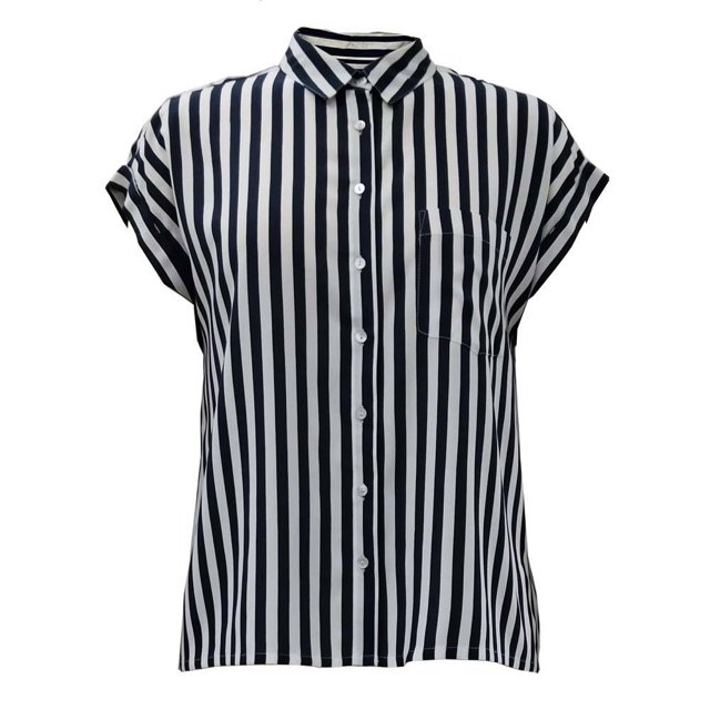 Blusa Simply Basic para Mujer, Bolsa en Pecho Cuello Estampado a Rayas Azul Talla G