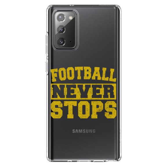 DistinctInk Clear Shockproof Hybrid Case for Samsung Galaxy Note 20 (6.7" Screen) - TPU Bumper Acrylic Back Tempered Glass Screen Protector - Football Never Stops