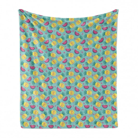 Summer Soft Flannel Fleece Blanket, Nerd Pineapple Faces Along Smart Girly Smiling Watermelons Exotic Friend, Cozy Plush for Indoor and Outdoor Use, 60" x 80", Pink Mustard Turquoise, by Ambesonne