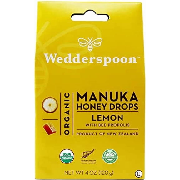 Wedderspoon Organic Manuka Honey .. Drops, Lemon & Bee .. Propolis, 4 Oz (Pack .. of 1) | Genuine .. New Zealand Honey | .. Perfect Remedy For Dry .. Throats
