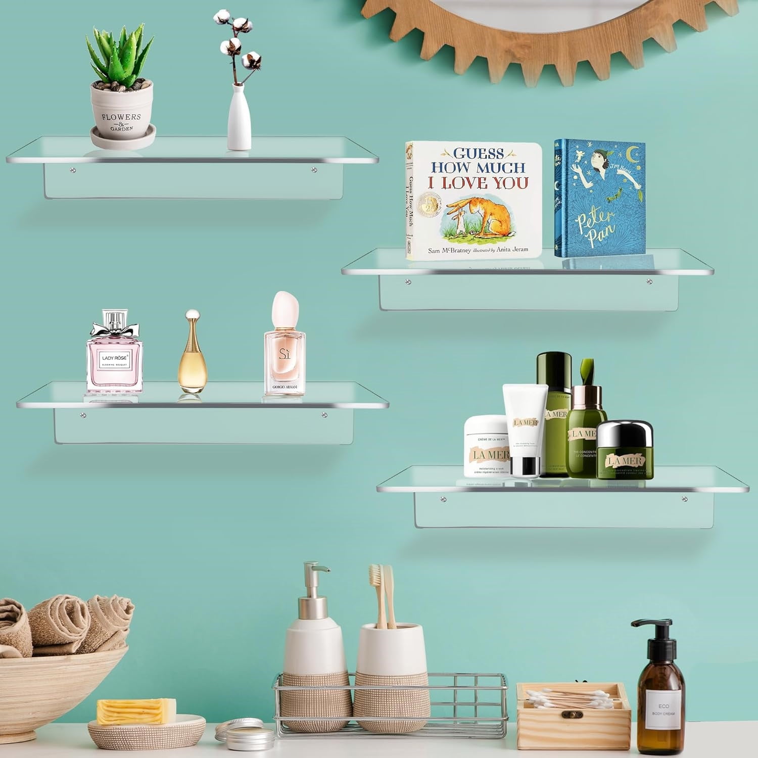 ZWHong 2-Pack L-Shaped Acrylic Floating Shelves, 12 Inch Clear Wall Mounted Display Shelves with Screws, 5mm Thick Invisible Shelves for Bathroom, Bedroom, Living Room
