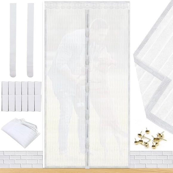 ZYNERY Pantalla magnética de mosca de puerta , 90 x 210 cm, con potente imán, autoadhesiva en todo el marco, capaz de bloquear mosquitos, moscas, abejas e insectos (Blanco)
