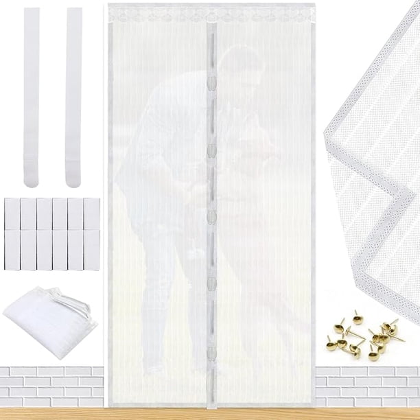 ZYNERY Pantalla magnética de mosca de puerta , 90 x 210 cm, con potente imán, autoadhesiva en todo el marco, capaz de bloquear mosquitos, moscas, abejas e insectos (Blanco)