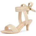 thumbnail image 1 of BLISSFUL STEP Women's Open Toe Ruffle Ankle Bow Tie Mid Heels Sandals Beige US 10, 1 of 6