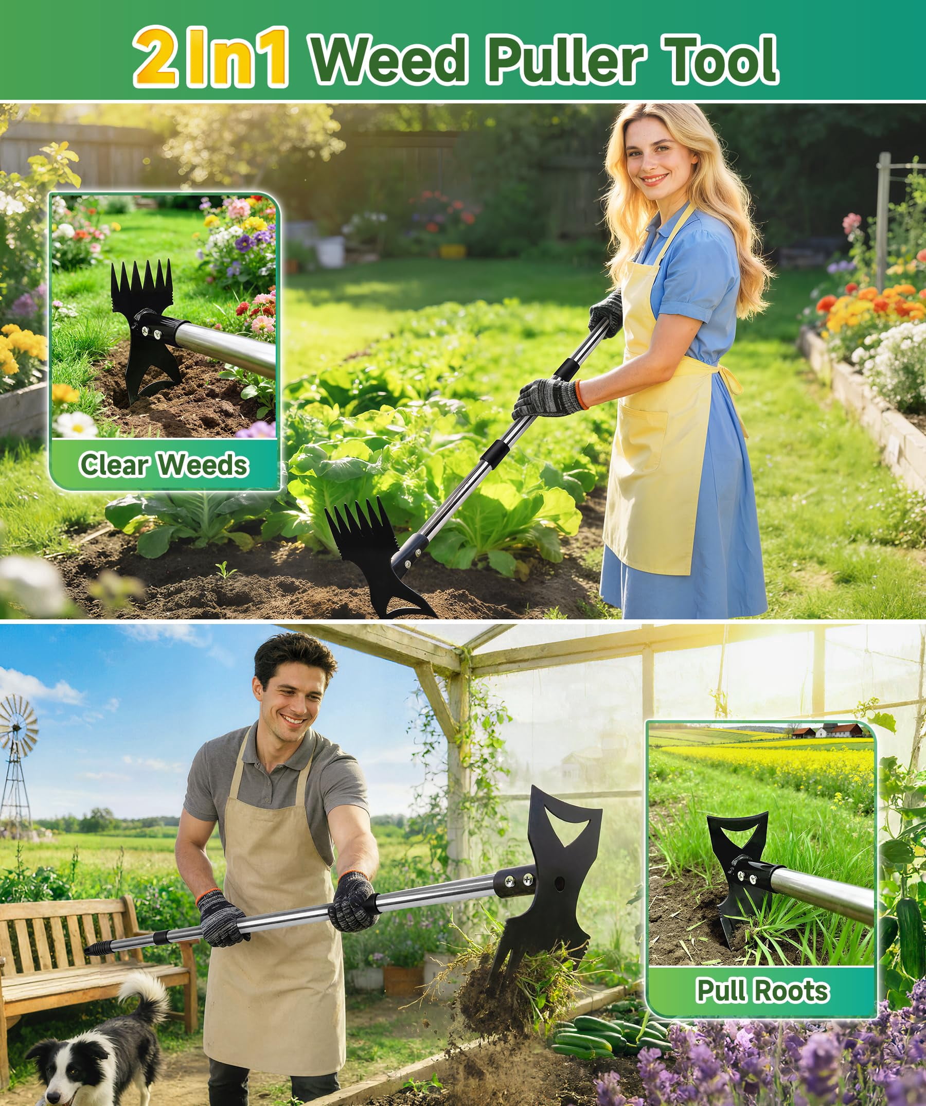 ALLJOY Weeding Tool, Hoe Cultivator 2 in 1 Garden Tools, 45 inch Weeder Hand Tiller Weeding Rake for Yard Lawn Gardening Digging Planting