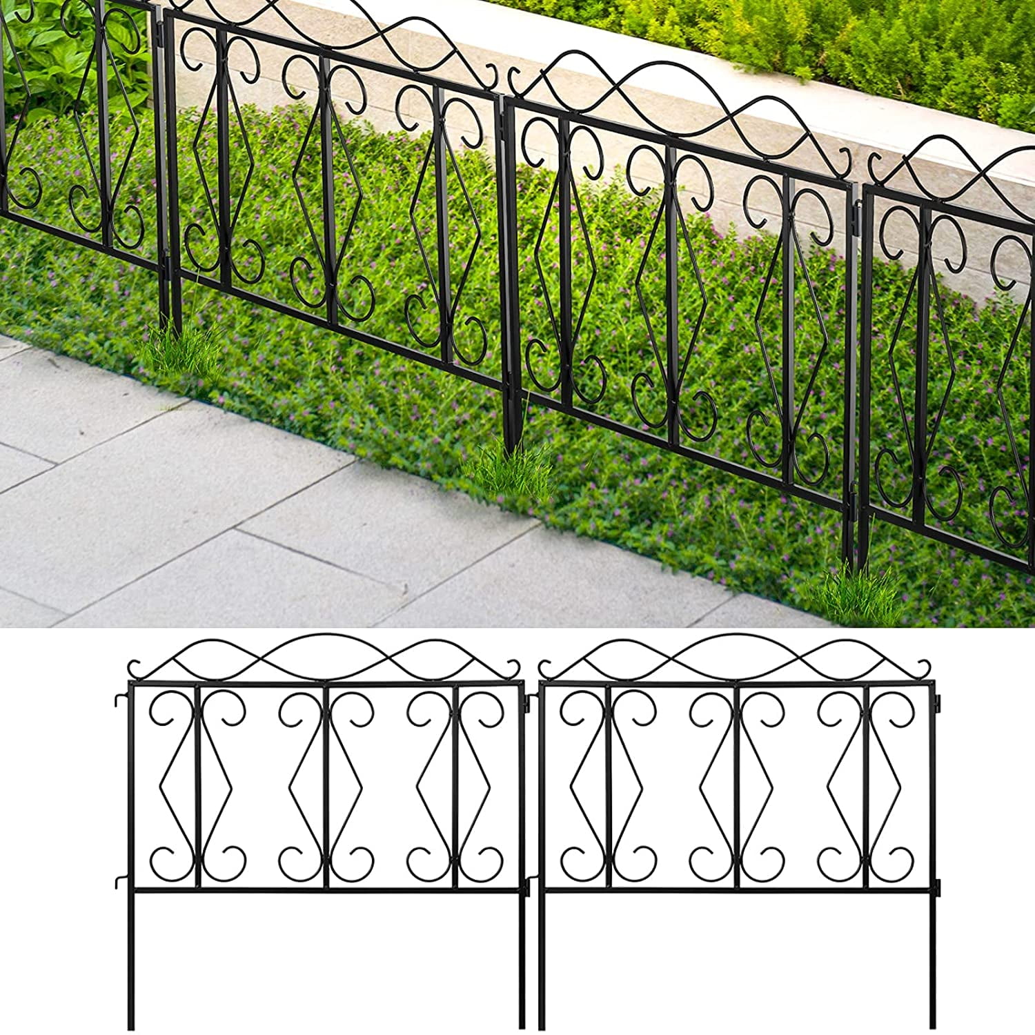 Amagabeli 18in x 7.5ft Decorative Garden Fence Rustproof Coated Metal Outdoor Landscape Section Panel Decor Wire Border Fencing Folding Patio Wrought Iron Fencing Flower Barrier Picket Edge Black FC04 