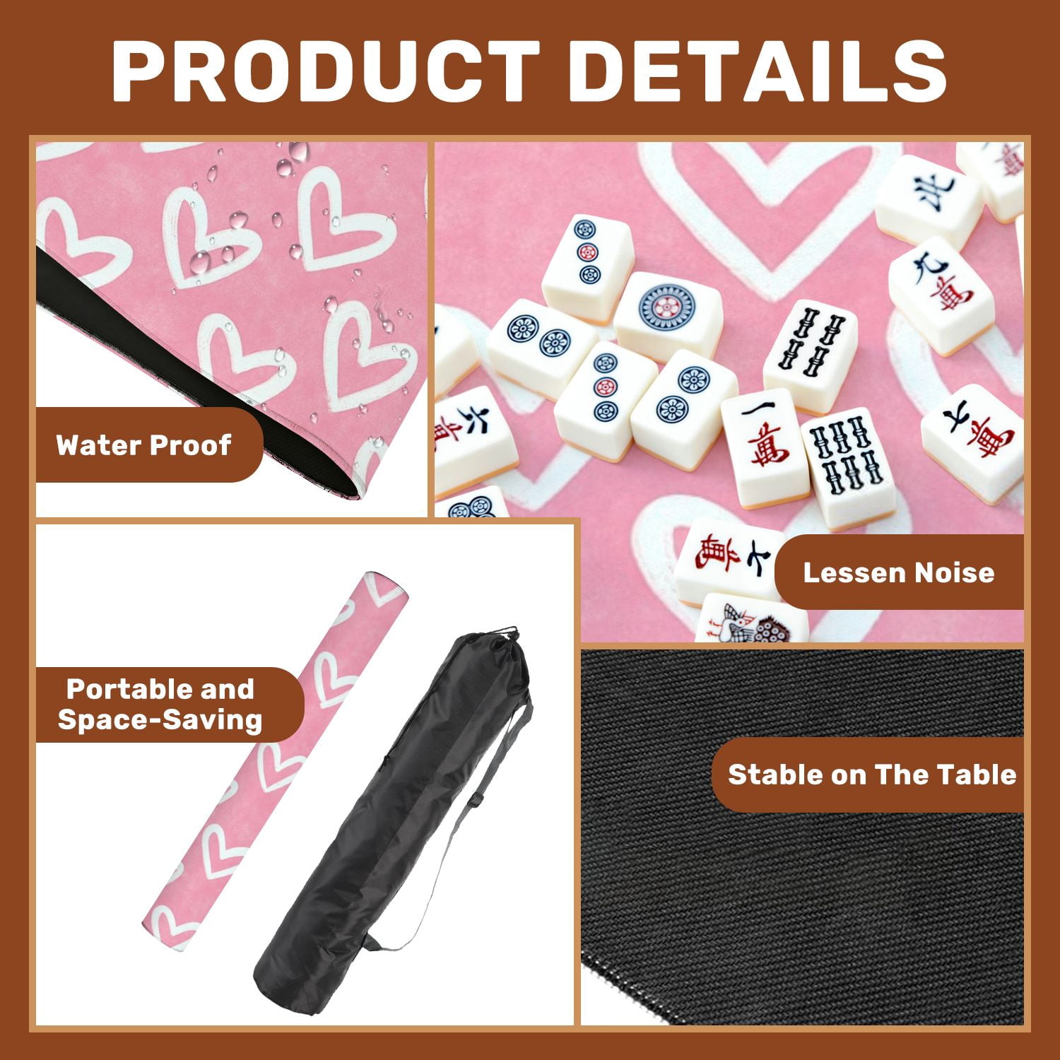 Mahjong Mat 31.5" x 31.5" Drawn Hearts Soft Pink Non-Slip Noise Reduction American Mahjong Tiles Table Cover for Dominoes Poker Card Board Games Gift