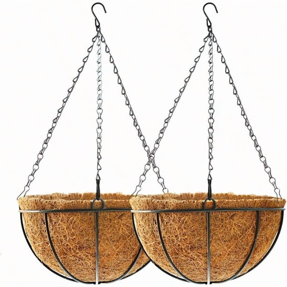 Hanging Plant Basket Flower Holder 2pack 16 Inch Metal Wire Round Hanging Basket Planter With Coco Fiber Liners For Plants Flower Pots Outdoor Garden Porch And Balcony Decor