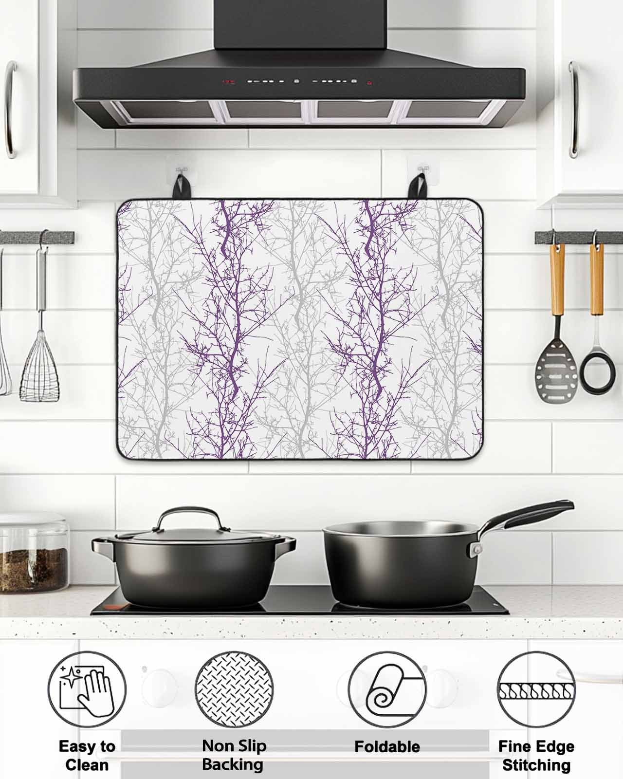 Stove Top Covers for Electric Stove, Purple Grey Branch Glass Stovetop Cover Protector, Spring Summer Pastoral Botanical Induction Cooktop Protector Oven Mat for Kitchen Countertop 24"x21"