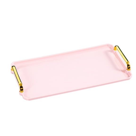 Serving Tray with Gold Handles, Plastic Rectangular Decorative Tray for Bar, Living Room, Bathroom, Kitchen, Tray Decor for Party, Coffee, Tea, Cake 16x8.7x1.4 Inch - Pink