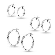 LeCalla 925 Sterling Silver Light-Weight Twisted Click-Top Hoop Earrings for Female and Teen Girls Set of 3 Pairs (15mm, 20mm, 25mm) - Gifts for Mothers Day