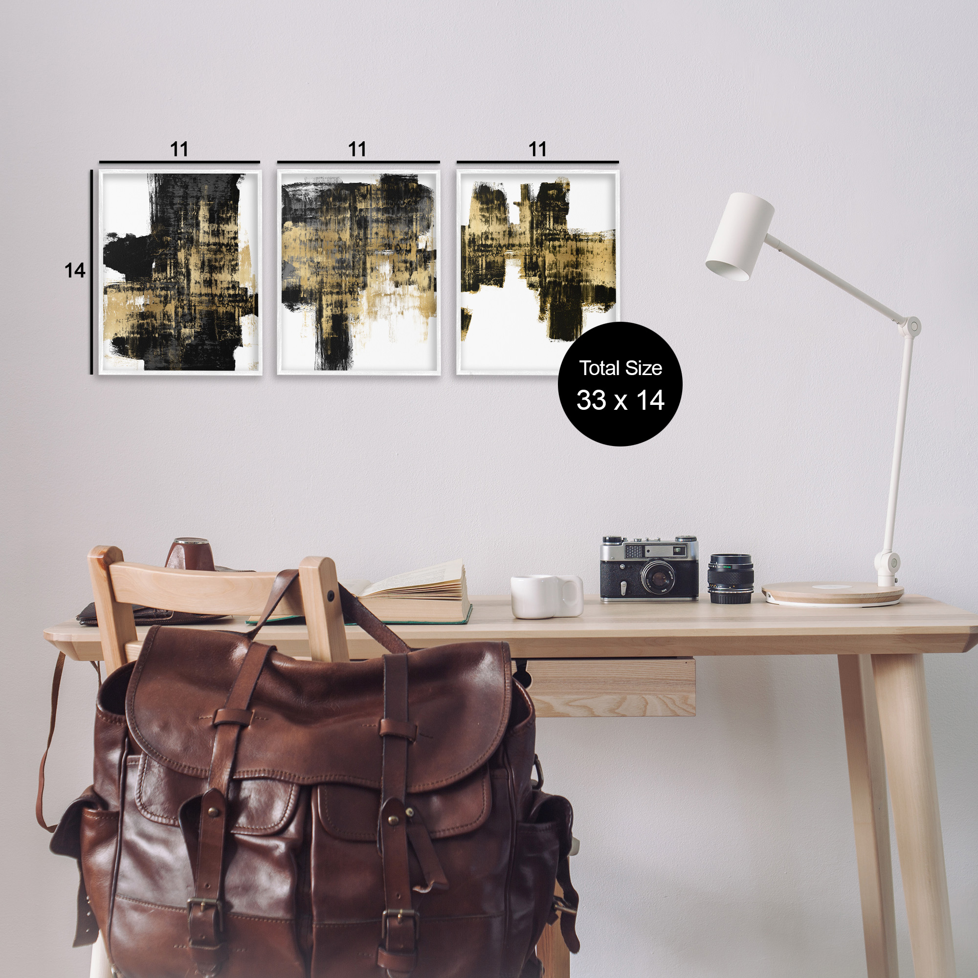 Stupell Industries Bold Black Brushstrokes with Gold Abstract Painting White Framed Art Print Wall Art, 11 x 14, Set of 3