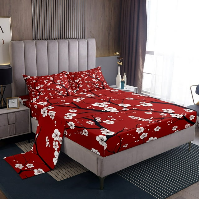 Erosebridal Cherry Blossoms Sheet Set Twin, Red Bedding Sets Twin Size, Japanese Flower Decor 3 Pieces