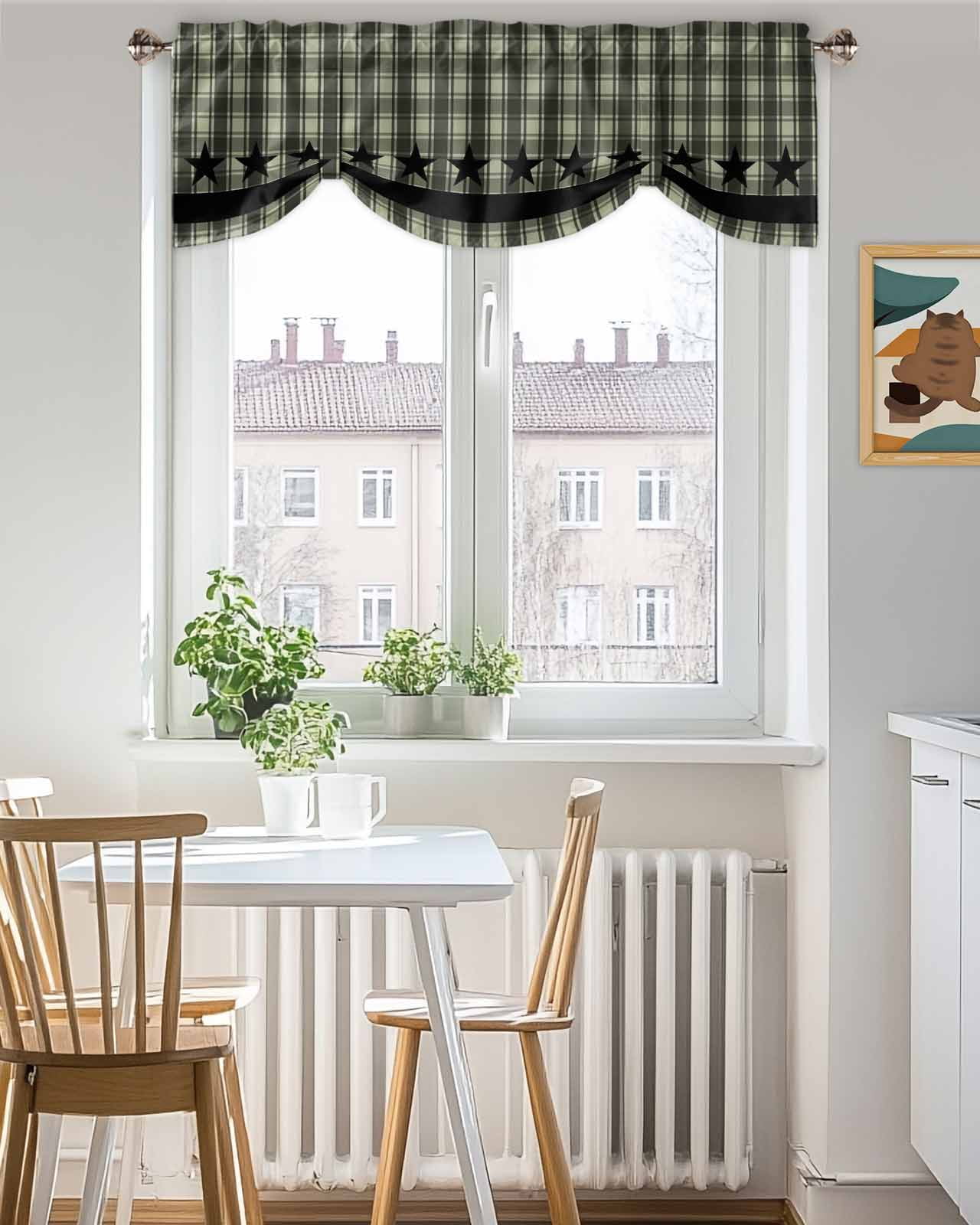 Checkered Stars Tie Up Valances Curtain, Adjustable Kitchen Sage Green Black Plaid Art Valances for Windows Decor, Rod Pocket Short Curtains Set for Bedroom/Bathroom, 54"x18"