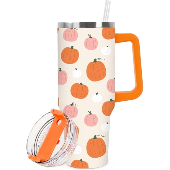 1Pc Fall Tumbler with Handle Lid Straw 40oz Autumn Orange Pink Pumpkin Stainless Steel Travel Tumbler Cup for Thanksgiving Iced Coffee Party Favor
