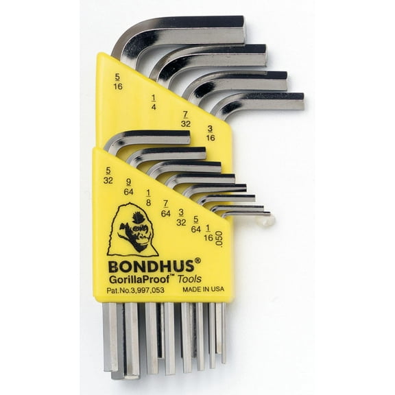Inch Hex (Allen) Short Arm L-Wrench Set, 12pcs .050" to 5/16", Protanium® High Torque Steel With Briteguard™ Chrome Finish - Bondhus® USA