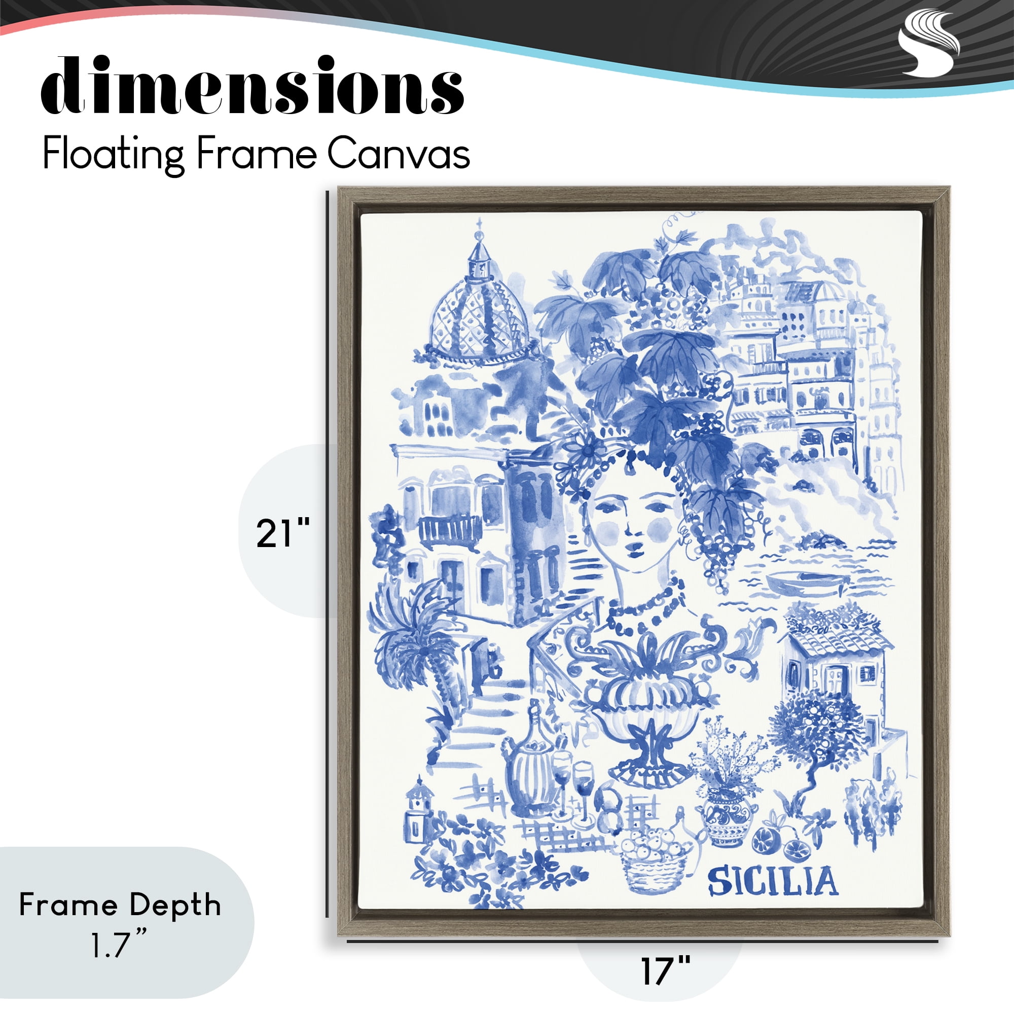 Stupell Industries Sicilia City In Blue Brown Framed Floater Canvas Wall Art, design by Karolina Sato