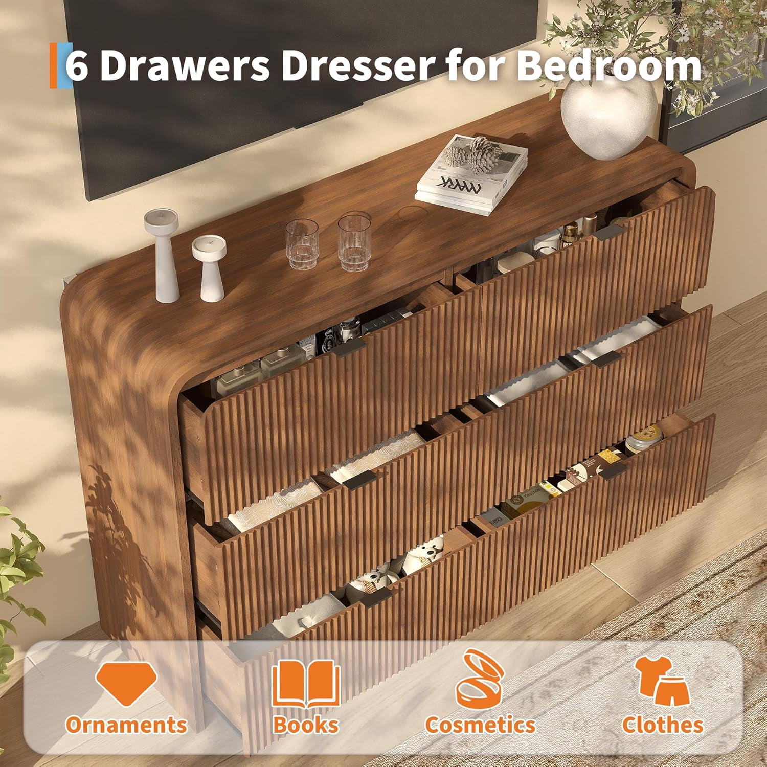 Fluted 6-Drawer Tall Dresser, Walnut Wood Deep Chest with Rounded Edge for Bedroom, Living Room, Hallway