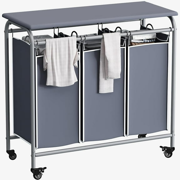 3 Bag Laundry Basket Sorter Heavy Duty Rolling Lockable Wheels Laundry Hamper Cart with Ironing Board and Removable Bags, Grey