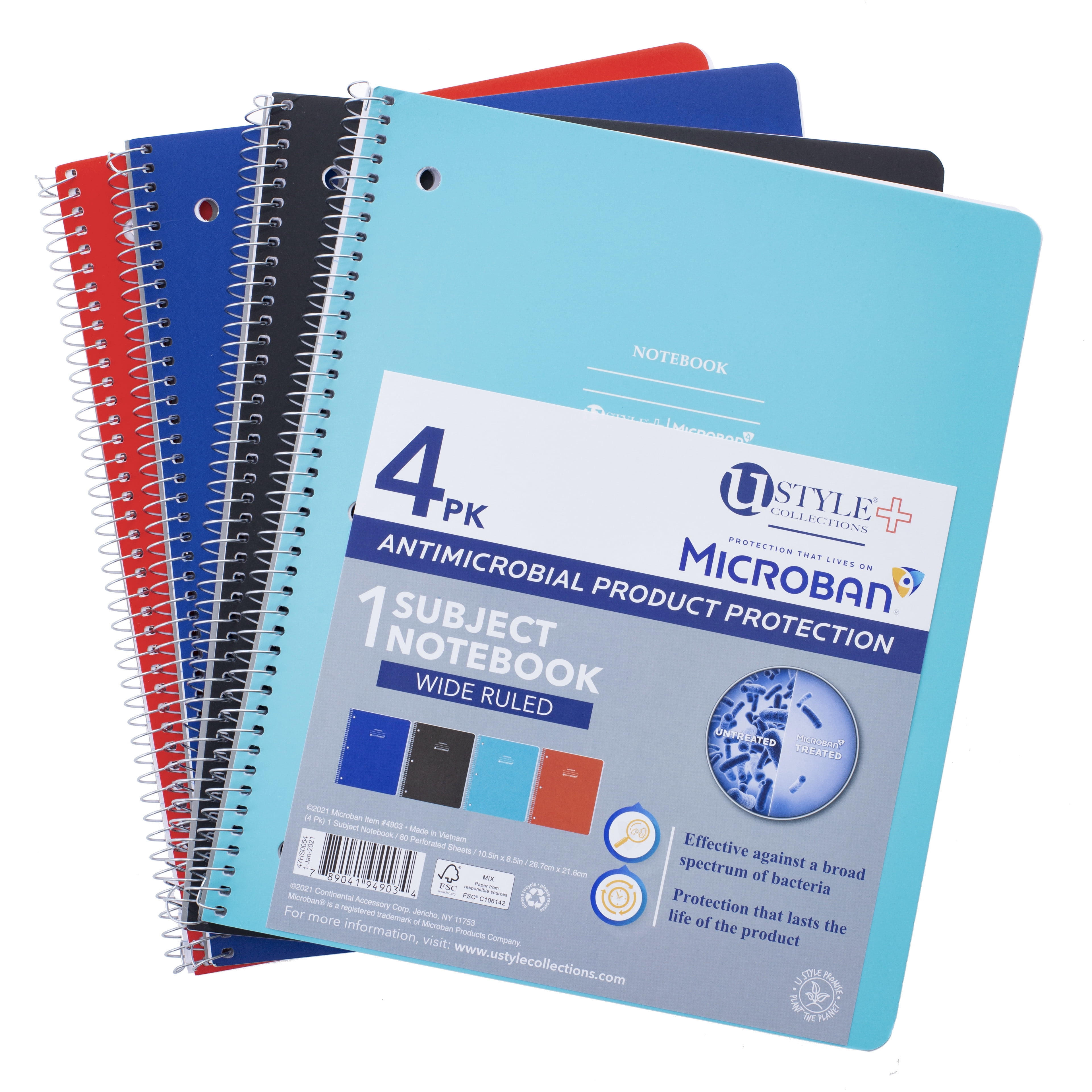 U Style Antimicrobial 1 Subject Notebook with Microban®, 80 Sheets, Wide Ruled, 4 Pack