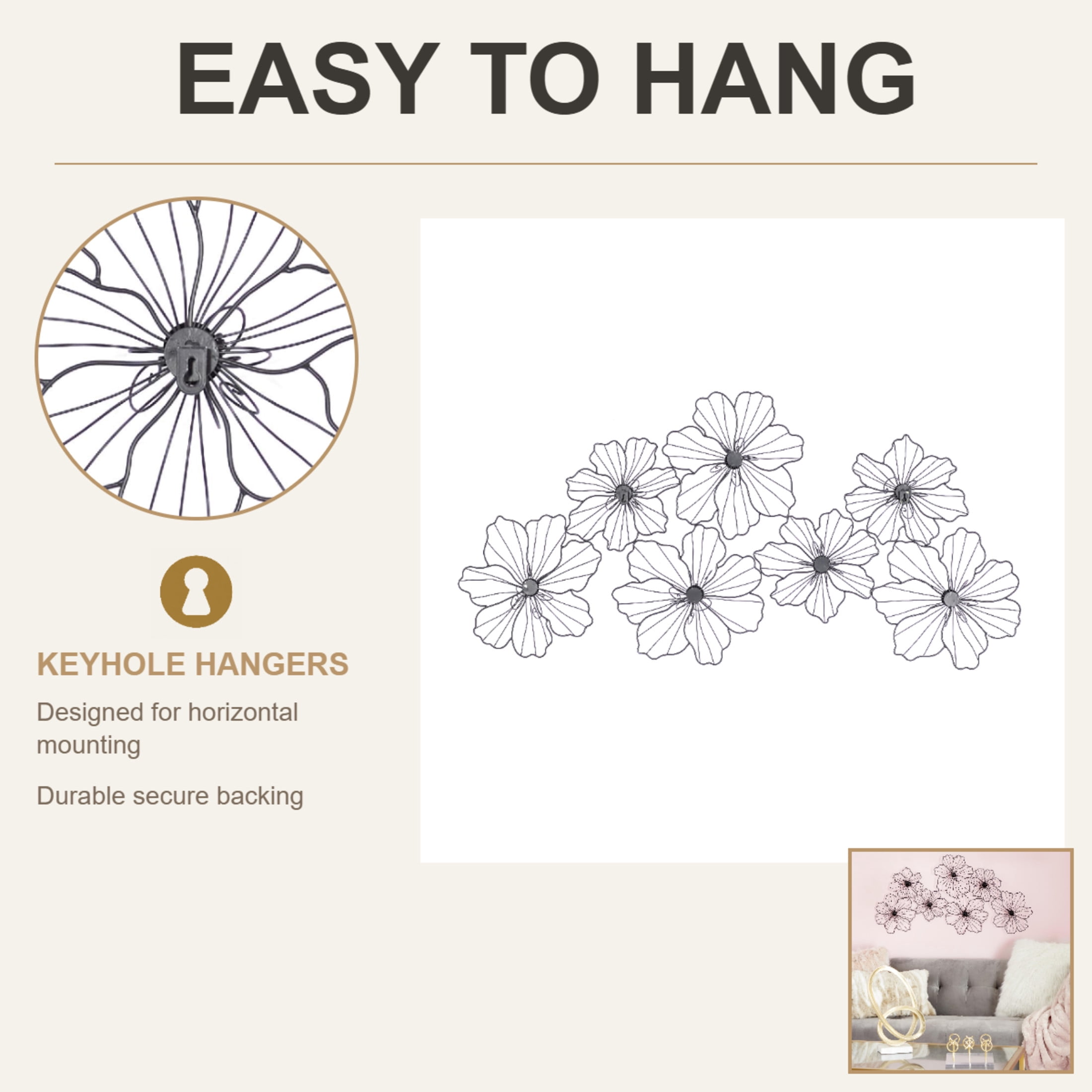 CosmoLiving by Cosmopolitan Black Metal Wire Floral Wall Decor with Scroll Accents