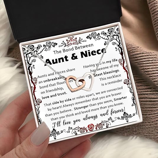 To My Aunt Necklace From Niece, Necklace Gifts For Niece On Christmas With Message Card and Gift Box, Bond Between Aunt and Niece Necklace, Interlocking Heart Necklace For Women
