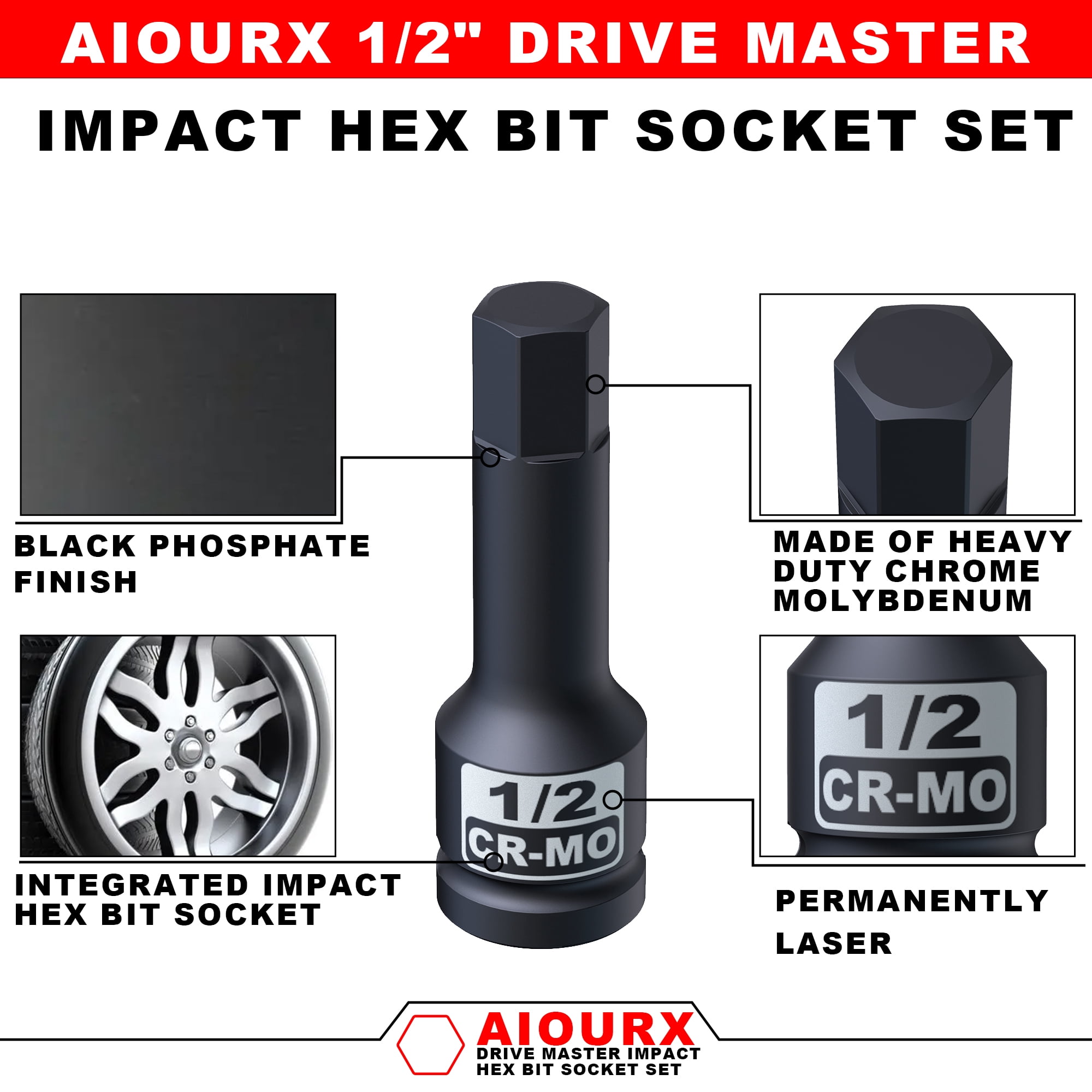 Aiourx 1/2 Inch Impact SAE Hex Bit Socket Set