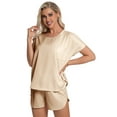 thumbnail image 4 of DAKIMOE Womens Silk Stain Pajamas Set Short Sleeve Soft Sleepwear Top With Shorts Set PJ Loungewear, Champagne, L, 4 of 7