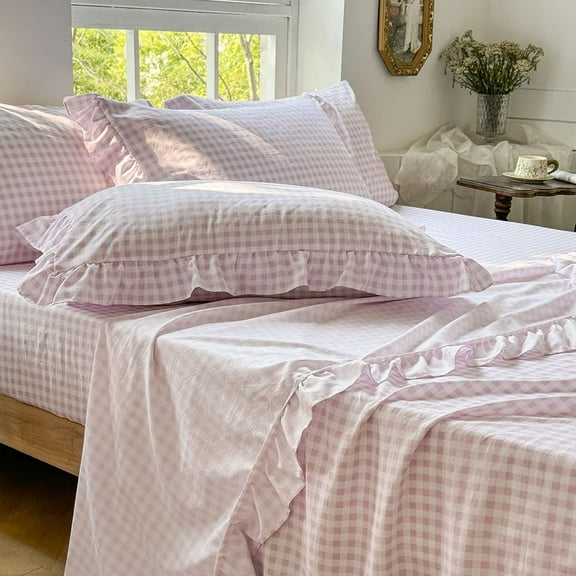 Ruffle Edge Queen Sheet Set, 4 Piece Plaid Gingham Bed Sheets in Soft Pre Washed Microfiber, Deep Pocket Fit for Farmhouse Cottage or Vintage Style Bedding, Pink