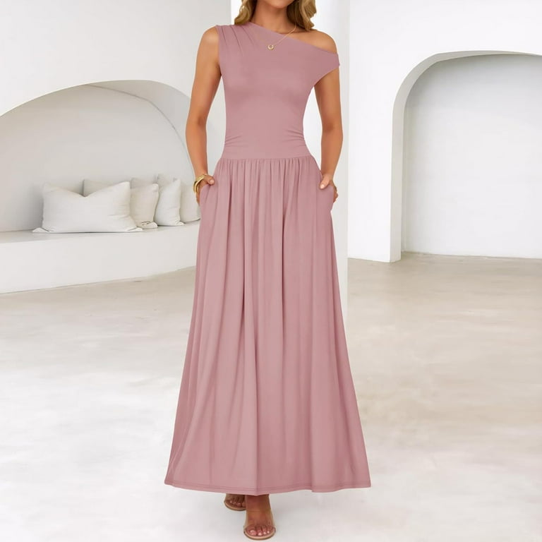Uocefik Womens Summer Off Shoulder Sleeveless Midi Dress Cocktail A Line Flowy Wedding Guest Dresses with Pockets Pink M Uocefik Womens Summer Off Shoulder Sleeveless Midi Dress Cocktail A Line Flowy Wedding Guest Dresses with Pockets Pink M