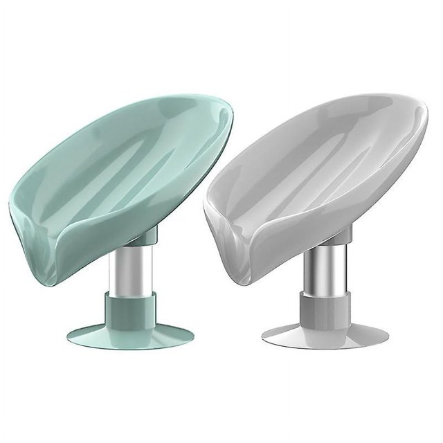 2 jaboneras con forma de hoja, autodrenantes, sin perforaciones, fáciles de limpiar, con jabonera con ventosa adecuada (gris + verde), 13 cm