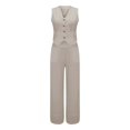 thumbnail image 4 of BLOCLOALO 2 Piece Lounge Set Sleeveless Tops Outfits Solid Color Cotton Linen Button Down Shirt Vest Tank Tops and Wide Leg Pants Set V Neck Blouses Trendy Business Sets Trendy Lounge Sets Beige L, 4 of 9