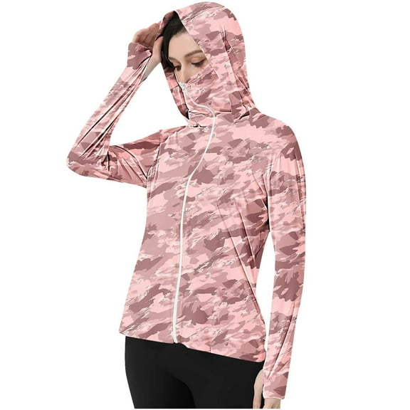 Xfvqtps Womens Camouflage Light Jacket Sun Protection Cooling Ice Silk Hoodie Full Zip Summer Shirts with Thumb Hole for UV Outdoor Hiking Running Pink