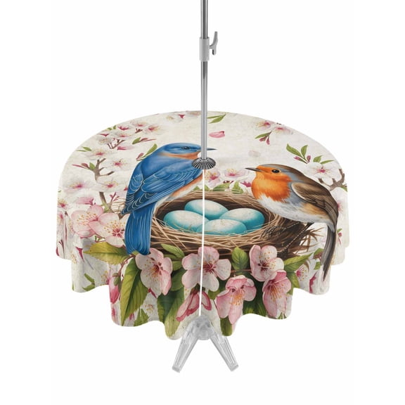 Outdoor Tablecloths with Umbrella Hole & Zipper, Birds Floral Round Tablecloth 54 Inch, Farmhouse Vintage Pink Flower Leaf Waterproof Table Cloth, Patio/Pool/Picnic Table Covers