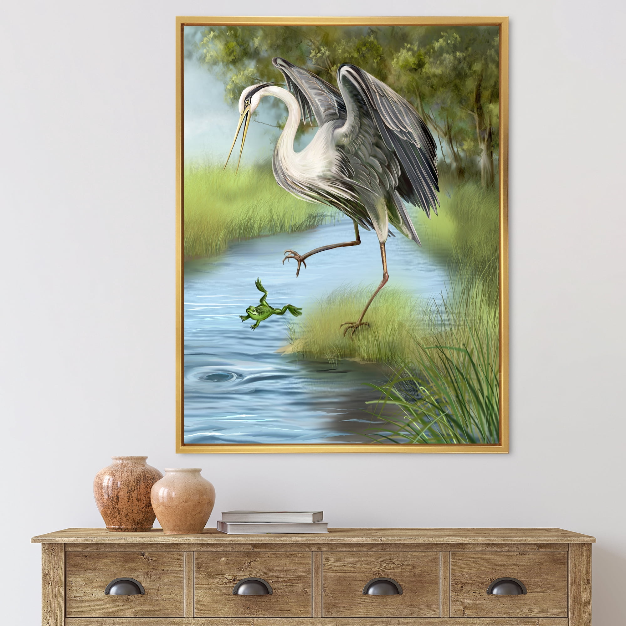 Designart 'Crane Hunting A Frog' Farmhouse Framed Canvas Wall Art Print