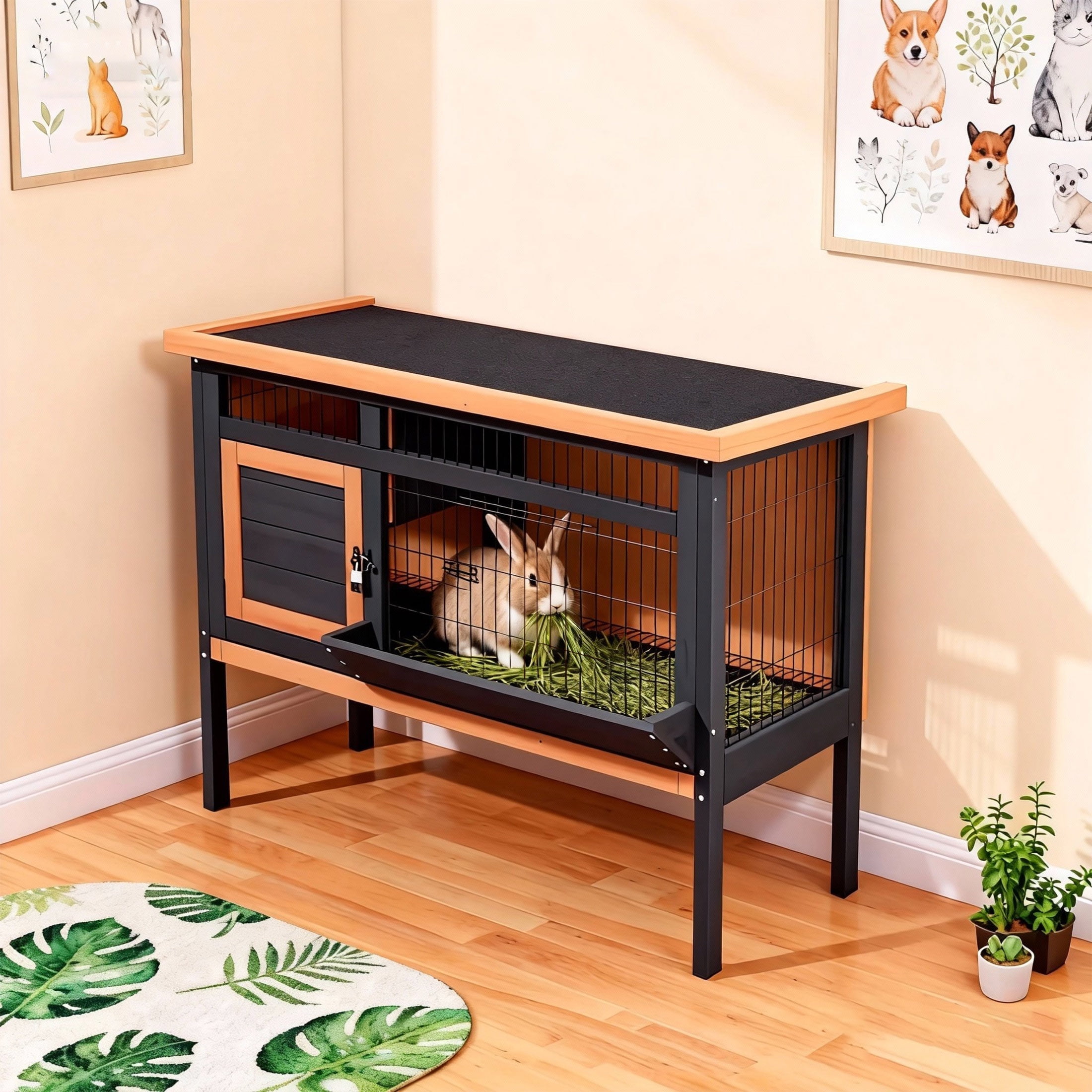 Elevated Rabbit Hutch with Pull-Out Tray,Wire Mesh Guinea Pig Cage with Waterproof Roof,Orange