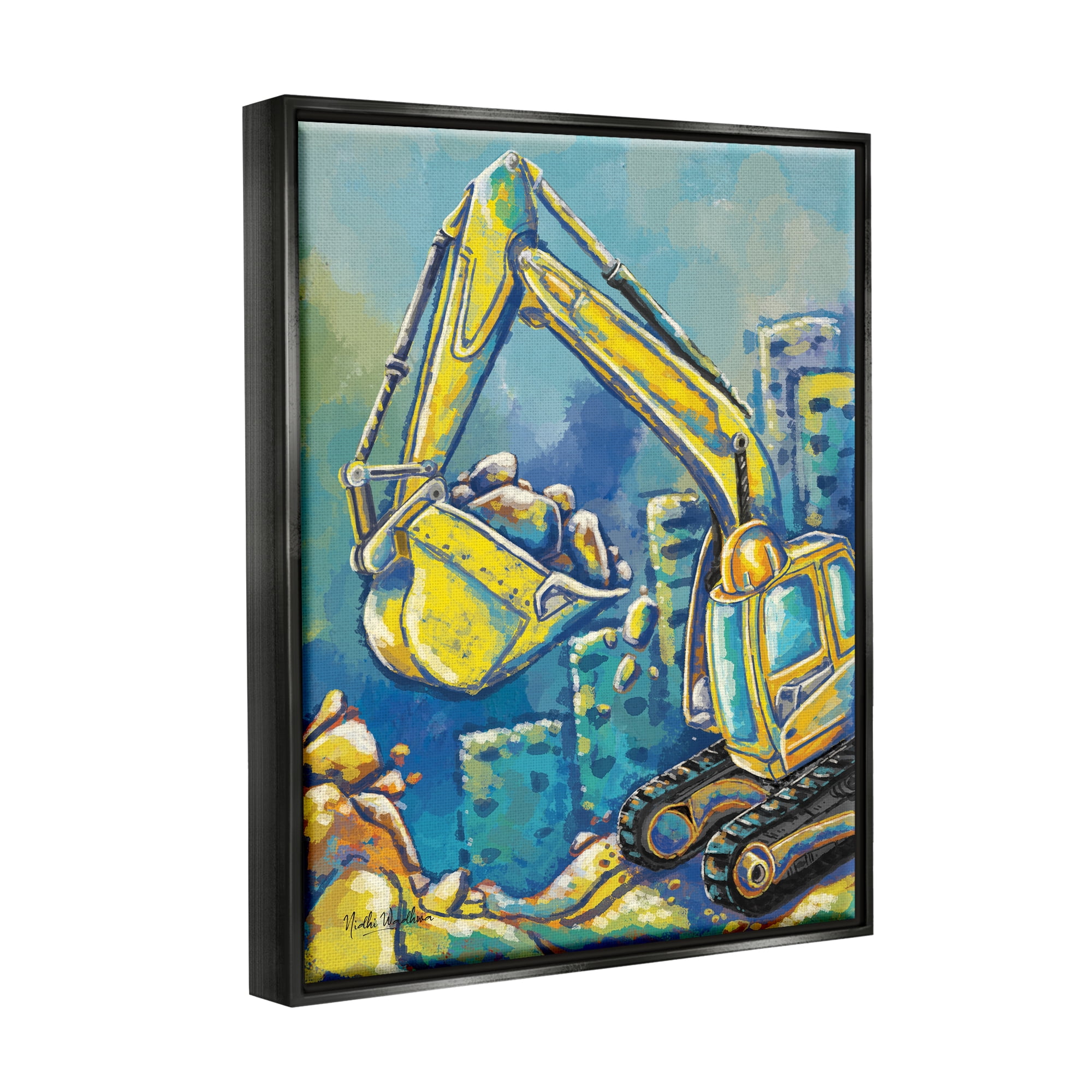 Stupell Industries Bulldozer Construction Painting Transportation Painting Black Floater Framed Art Print Wall Art, 25 x 31