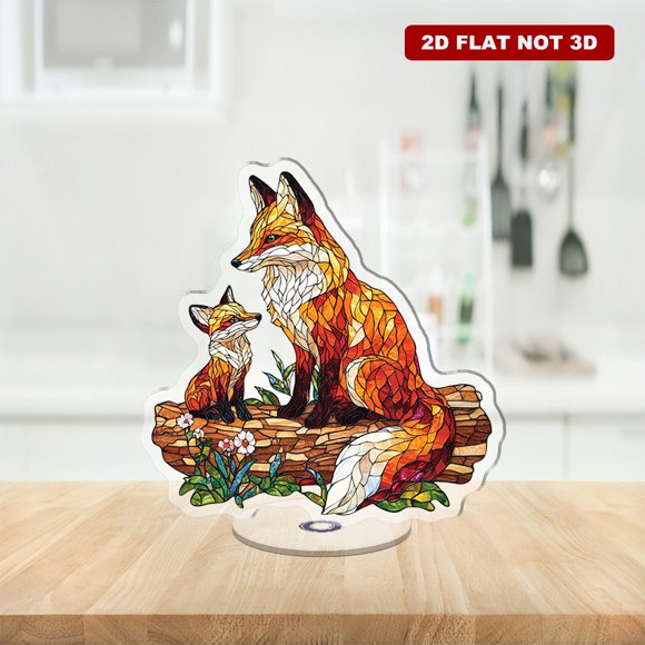 Ornement Acrylique Rotatif avec un Renard Majestueux et un cub Ludique sur une Bûche en Bois Entourée de Feuillage vibrant style Vitrail