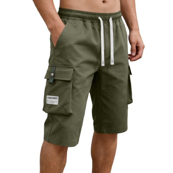 OIOLOYJM Mens Cargo Shorts Casual Drawstring Summer Athletic Hiking Bermuda Shorts Relaxed Fit Outdoor Work Shorts with Multi Pockets Army Green L