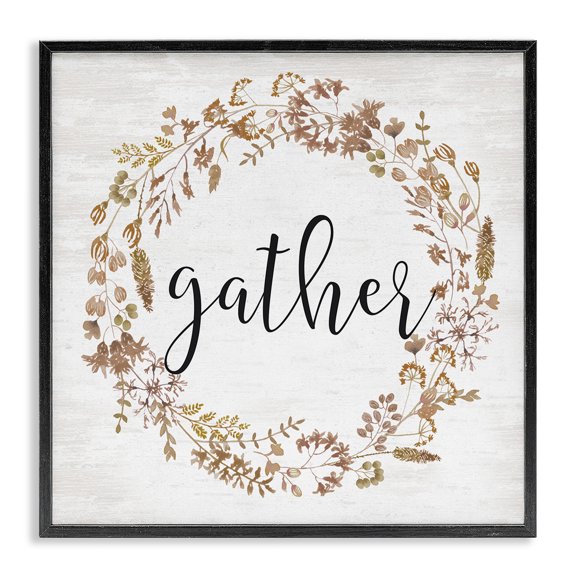 Stupell Industries Cottage Rustic Gather Script Delicate Floral Botanicals Wreath Black Framed Giclee Art, 12 x 12, by Lettered and Lined