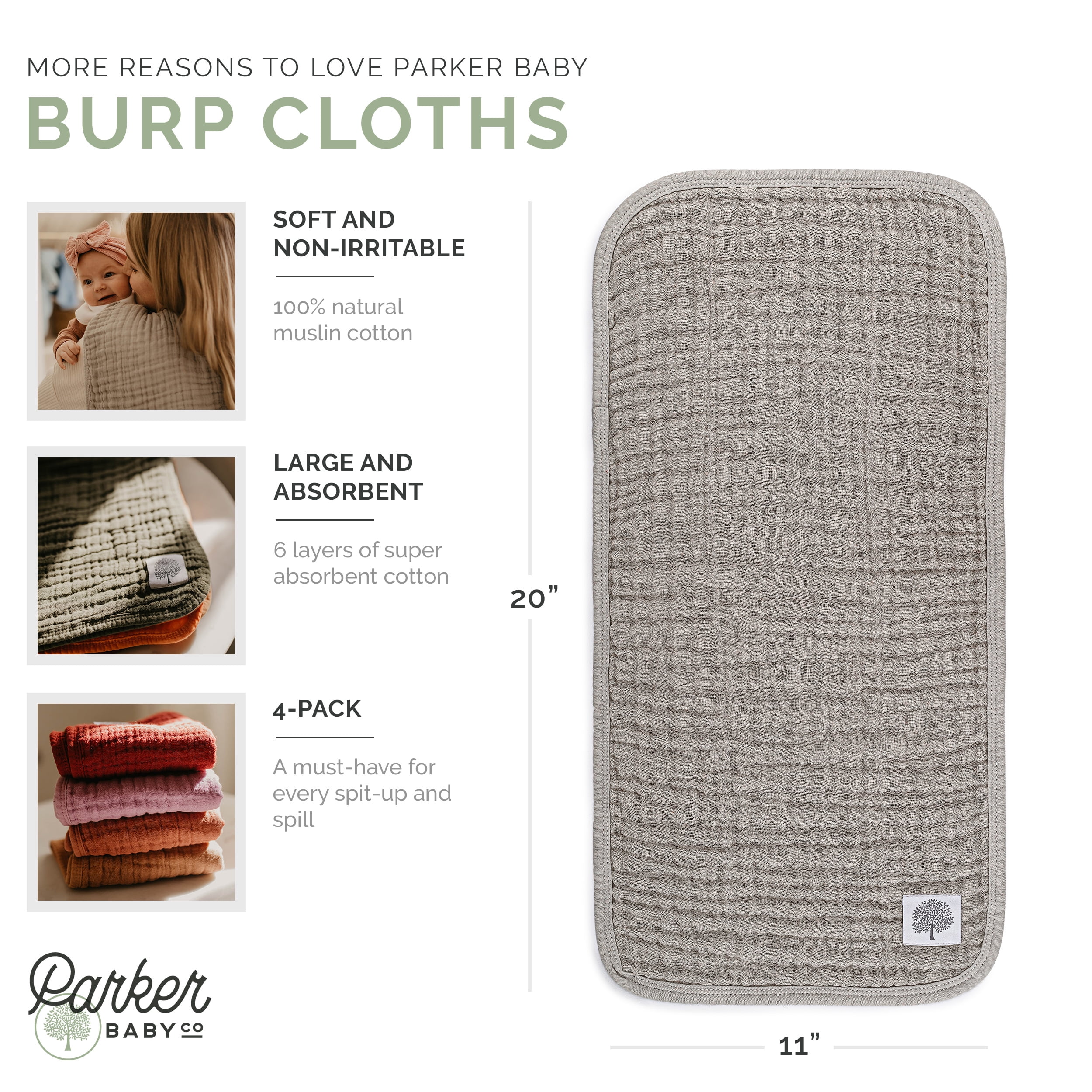Parker Baby Co. Muslin Burp Cloths, 100% Cotton, Large, Soft & Absorbent Baby Burp Cloths for Boys & Girls, Estes Set, 4 Pack