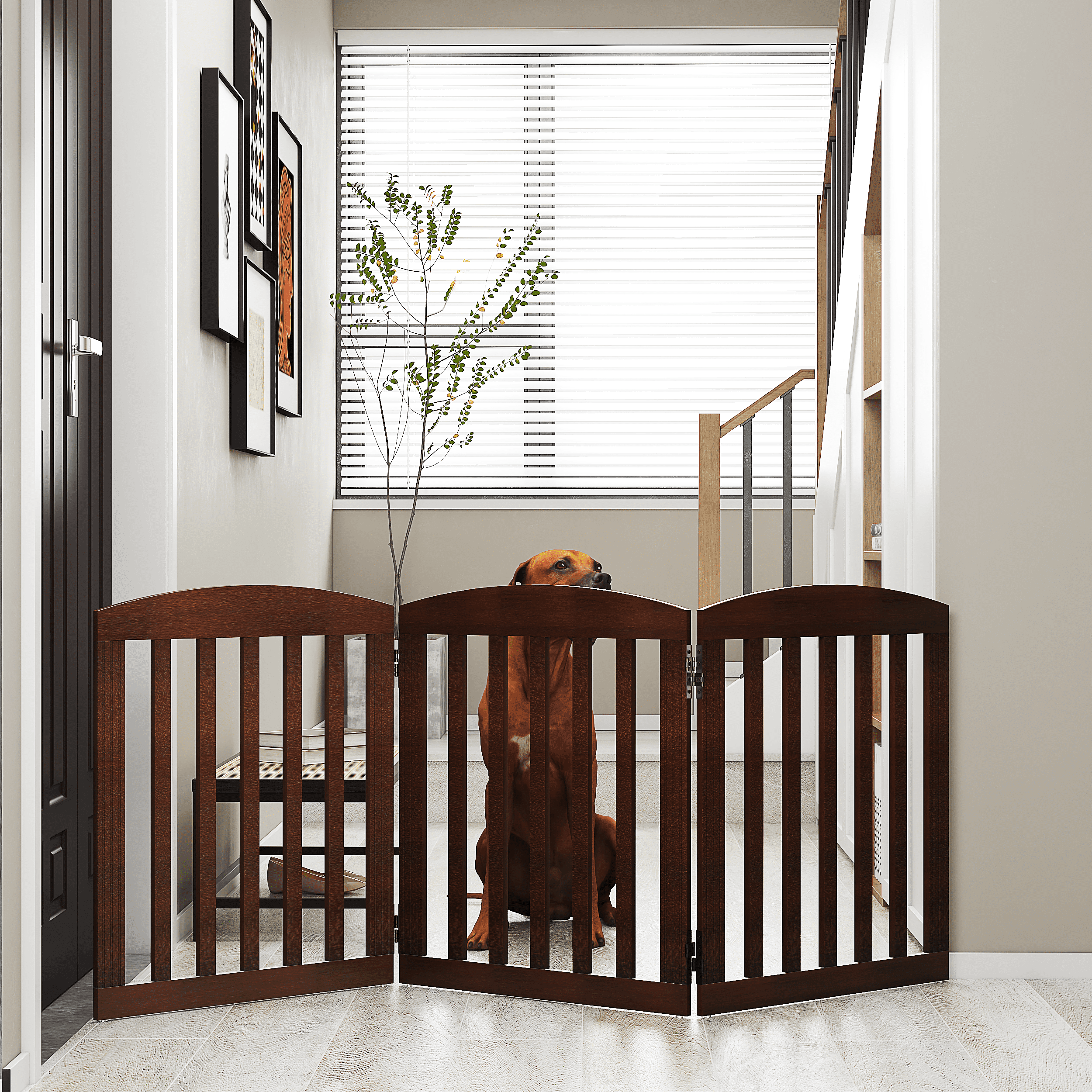 STAROUS Foldable Dog Gate, Dog Gates for Doorways, Stairs, The House, Wooden Freestanding Pet Gate Indoor, Step Over Puppy Gate, 3 Panels, Brown