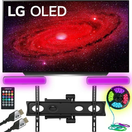 Restored LG OLED65CXPUA 65 inch CX 4K Smart OLED TV with AI ThinQ Bundle with Monster TV Full Motion Wall Mount for 32-70 inch with 6 Piece Sound Reactive Lighting Kit (Refurbished)